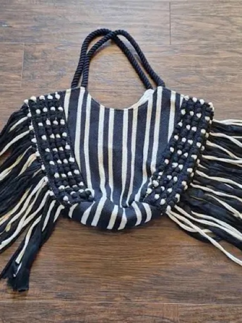 Black & White Striped Fringe Tote Bag - Picture 2 of 7